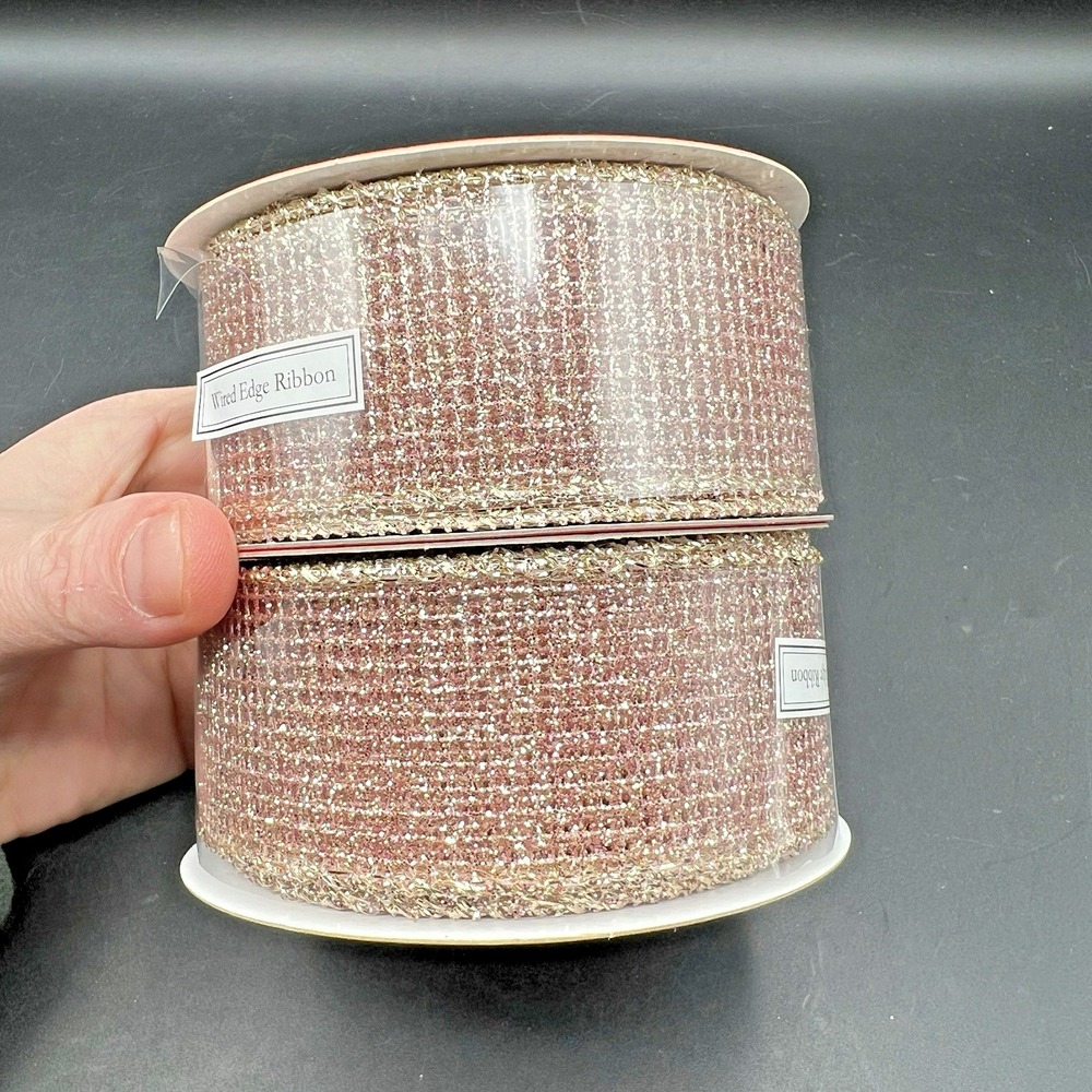 Pink Rose Gold Metallic Glitter Net Wired Edge Ribbon Set of 2 Roll 30'ea  ~ NEW